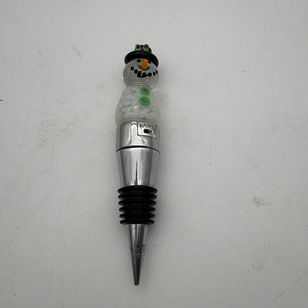 Light Up Glass Snowman Wine Bottle Stopper Christmas Holiday Silver LED Barware
